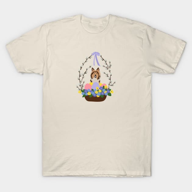 Rough Collie Dog with Easter Basket Made of Pussy Willow and Colorful Eggs T-Shirt by Seasonal Dogs